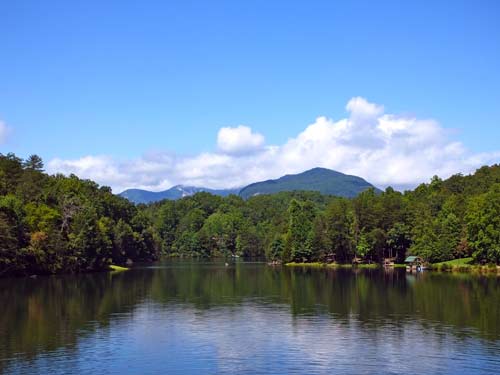Lake view from Beach toward Rumbling Bald Mountains